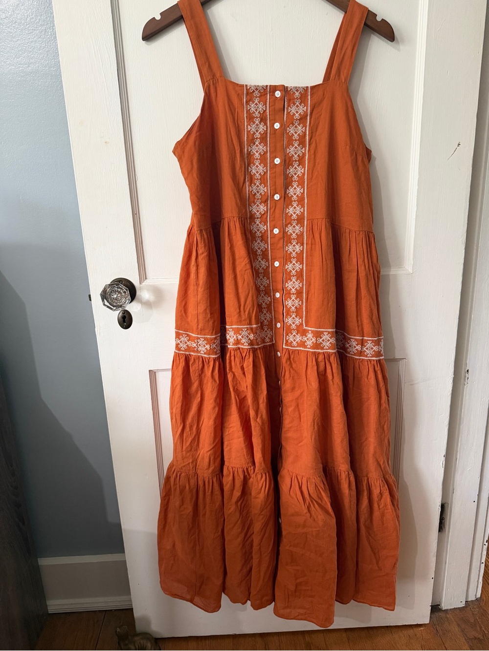 Madewell -Embroidered Button-Front Orange Tiered Maxi Dress